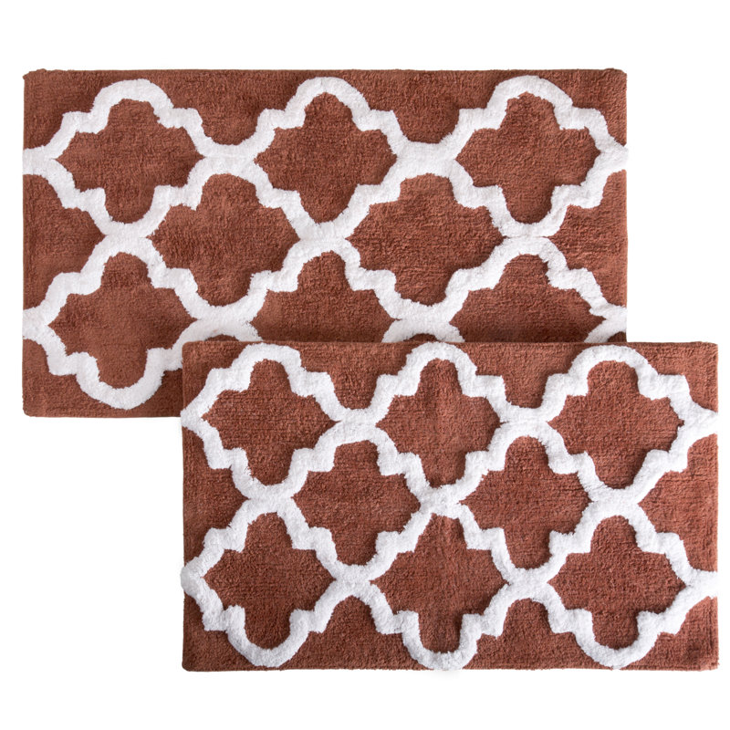 Lavish Home 2 Piece Bathroom Rug Set - 41x24.5 Inch and 34x21 Inch 100% Cotton Bath Mats with Textured Trellis Print for Elegant Bathroom Decor - Bath Rugs Non Slip Washable Bathmats