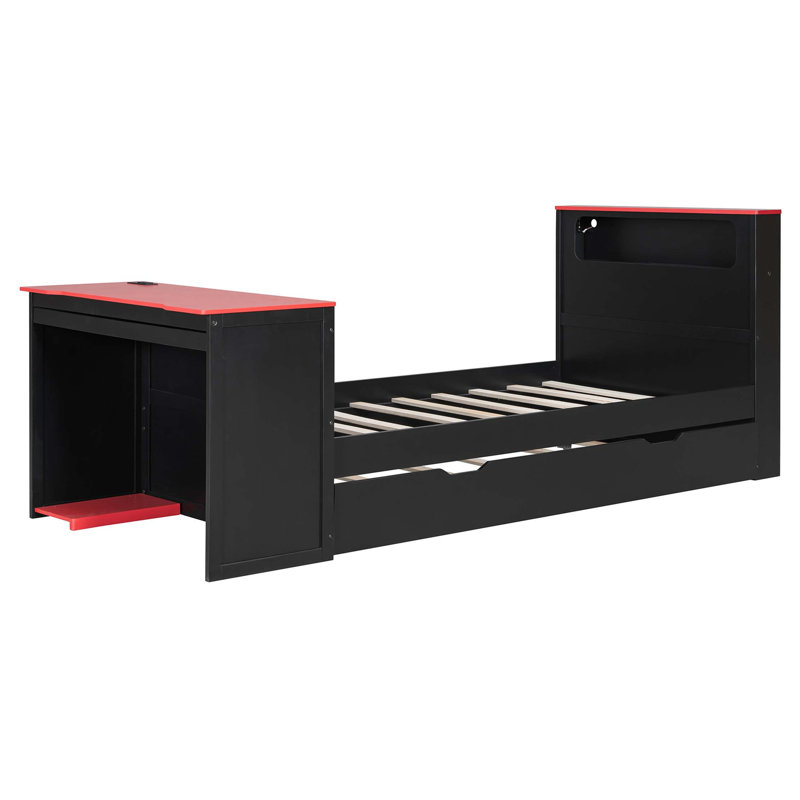 Lit plateforme tout-en-un avec bureau intégré et tête de lit à DEL intelligente, Black;Red