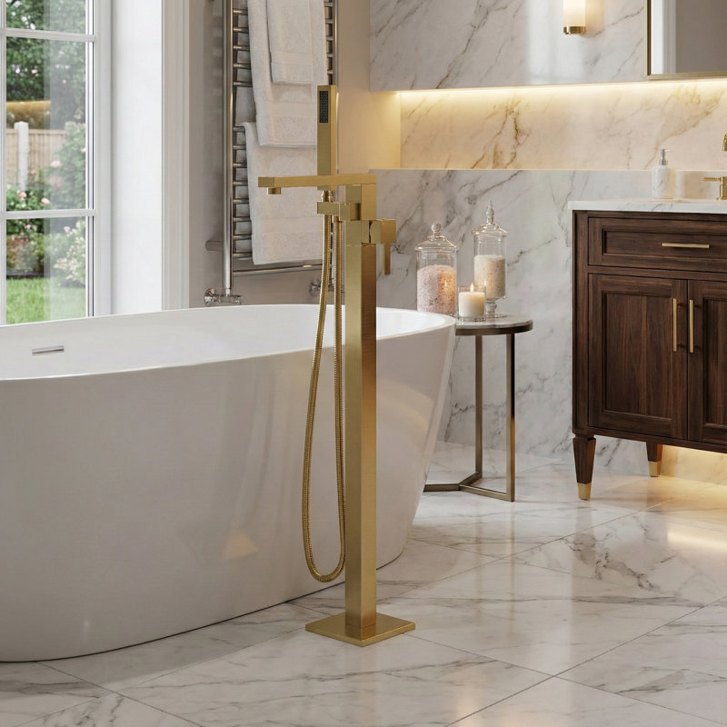 Cozyblock Floor Mount Bathtub Faucet Freestanding Tub Filler Standing High Flow Shower Faucets Mixer Tap, Swivel Square Spout With Square Handheld | Modern Design Tub Filler Faucet (Brushed Gold)