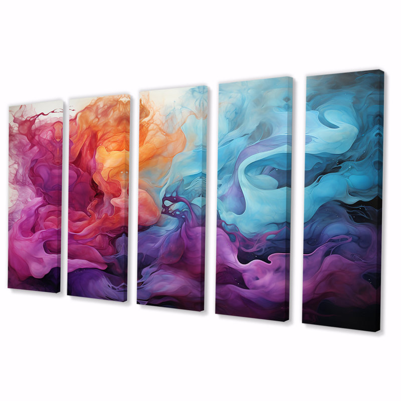 Encre liquide liquide, nuages magenta mauve doré - décoration murale en marbre 5 pièces, H 32 po x l 80 po
