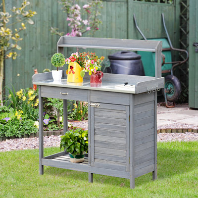 Poste de travail de jardin, banc de rempotage extérieur avec boîte inférieure, tablette grise, plateau de table en acier