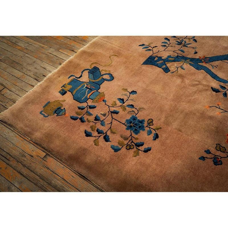 1920s Antique Caramel Field Floral Handknotted Wool Chinese Art Deco Carpet Rug