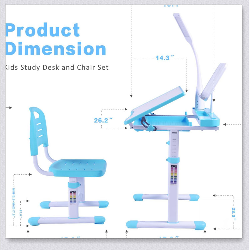 Ensemble de bureau pour enfants avec table réglable et bureau à hauteur réglable, bureau inclinable à 40 degrés pour enfants, éclairage DEL