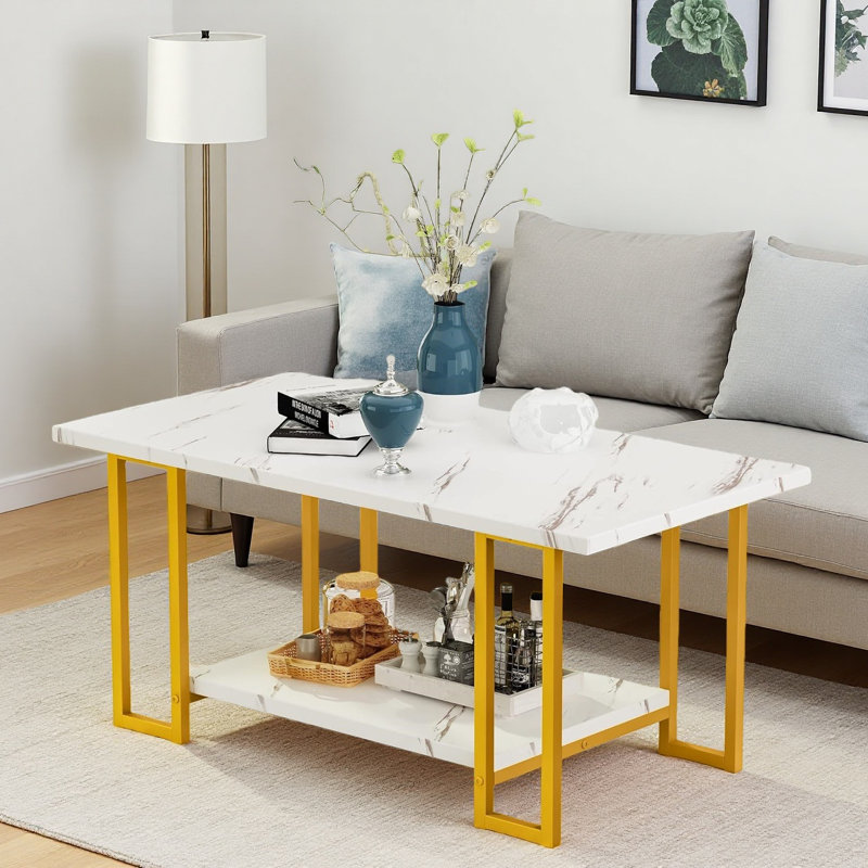 Table basse en marbre, table basse rectangulaire en faux marbre avec structure en métal, table de salon à 2 niveaux pour salon, bureau, balcon, 40 pouces