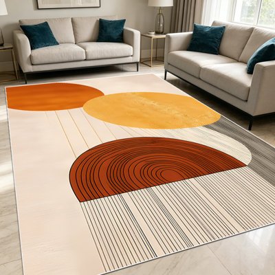 1pièces de style Mid-Century à motif géométrique abstrait à rayures géométriques en terre cuite et moutarde aux tons neutres pour le salon, doux et confortables, adaptés à toutes les saisons, faciles à entretenir, tapis de sol intérieur lavable à la machine, sous la table Farmhouse ...