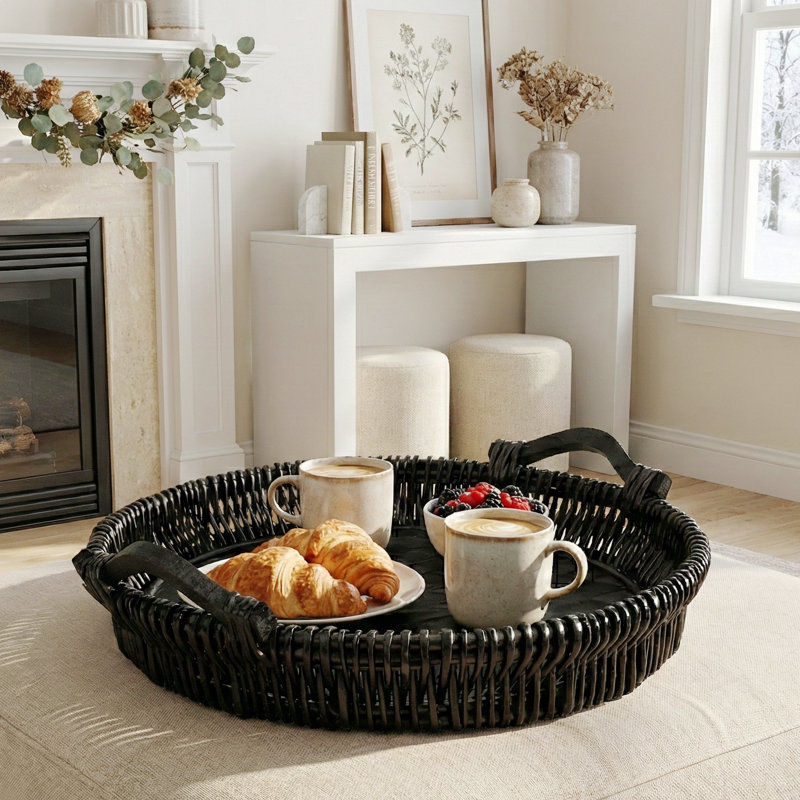 Handwoven Willow Round Ottoman Tray with Wooden Base and Handles, 20", Tudor Black