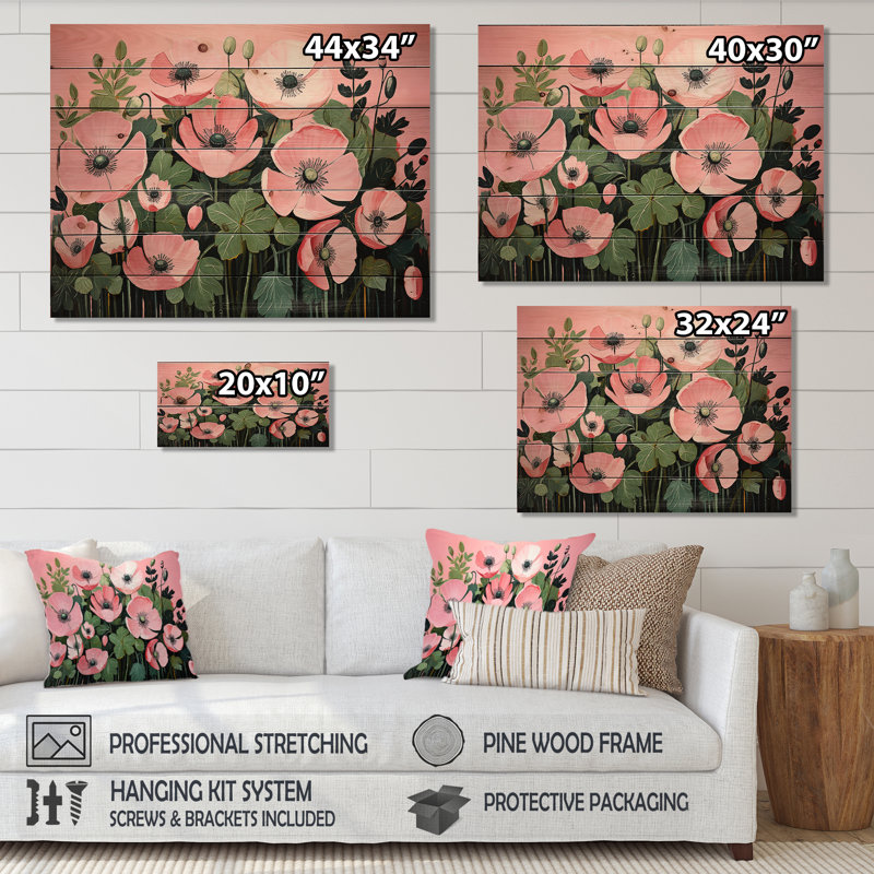 Minimalisme rose et vert coquelicots - coquelicots sur bois, H 30 po x l 40 po x P 0,78 po