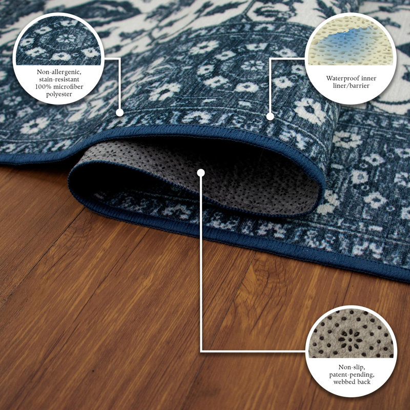 Ramage Blue 3' x 5' Washable Synthetic Accent Rug