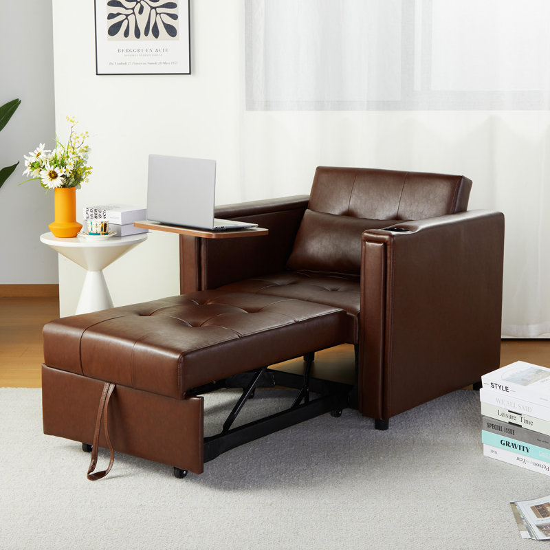 Leather Twin Convertible Chair Irasemis Wide Tufted Convertible