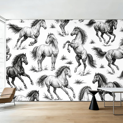 Peel and Stick Wallpaper Black White Horse Detailed Horses Wall Murals 100"H x 144"W Removable PVC Wall Paper Self-Adhesive Wall Decor for Bedroom Living Room Home Office