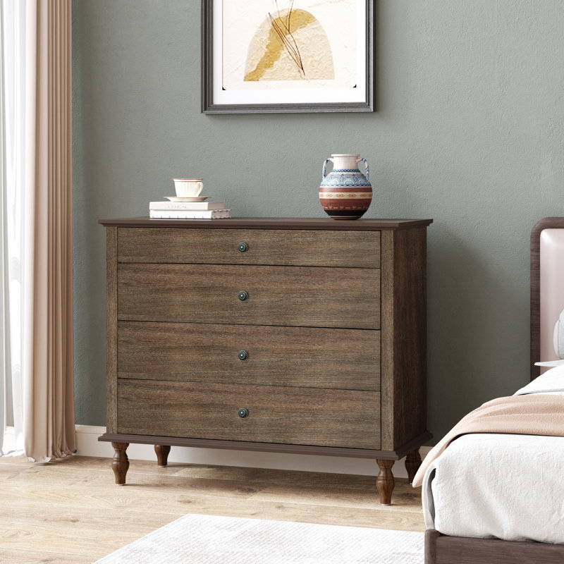 Grande commode à 4 tiroirs avec pied en bois massif, Brun rustique profond