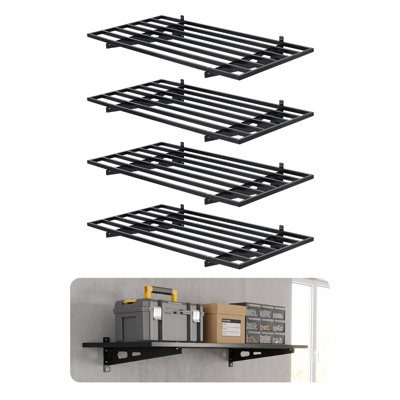 Lot de 4 étagères murales en métal robustes pour garage, étagères de rangement murales industrielles à grille ouverte, étagères murales noires pour garage, atelier et buanderie