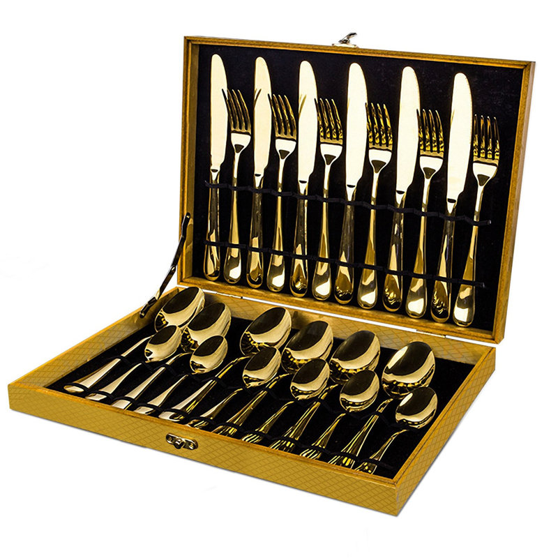 Modern Royal 24-Pieces Gold Stainless Steel Cutlery Set For Wedding Festival Christmas Party, Service For 6