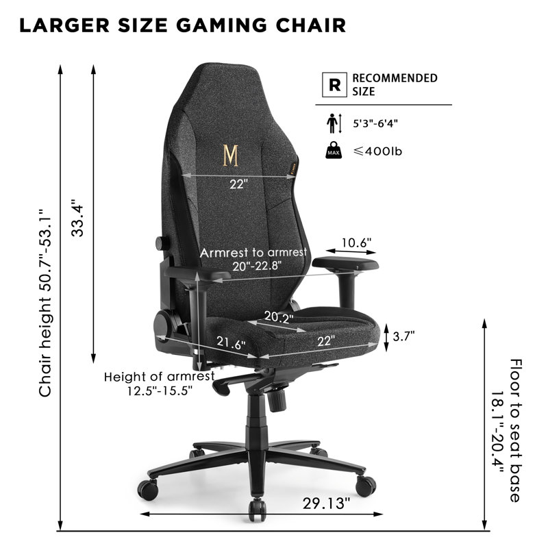 Adjustable Reclining Ergonomic Swiveling Pc & Racing Game Chair, Regular Size, 53.1" H x 29.1" W x 29.1" D