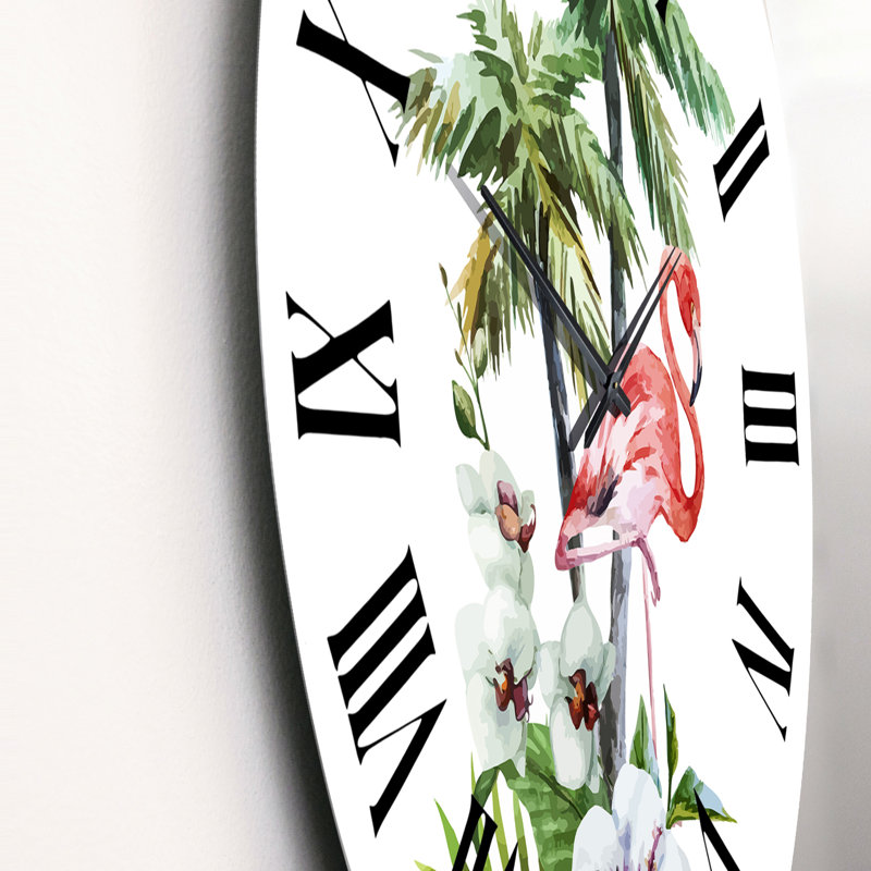 Flamant rose avec palmiers et fleurs I - Horloge murale traditionnelle, Moyen