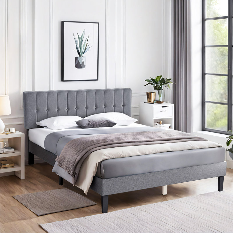 Bed Frame Upholstered Platform Bed with adjust Headboard, No Box Spring Needed, Noise Free, Queen, Light Gray