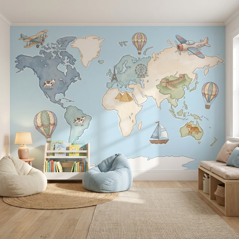 Papier peint carte du monde avec montgolfière, 140" x 108", Peler et coller