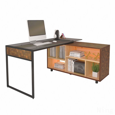 Bureau en coin en L avec rangement multiple, chêne