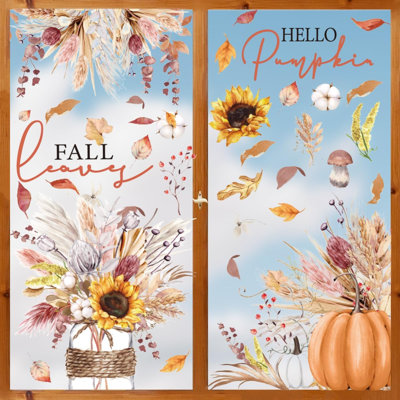 50 autocollants de fenêtre sur le thème de l'automne : feuilles colorées, citrouille, blé et tournesol. Décoration pour la maison, les fêtes et les vitrines.