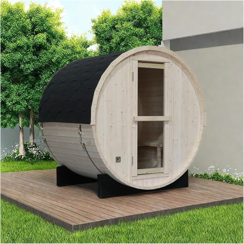 Outdoor Wood Steam Sauna, Canadian Pine Barrel Sauna Room for 3-4 Person with 4.5KW ETL Certified TOULE Heater, Rocks, 8mm Tempered Glass, Waterproof System