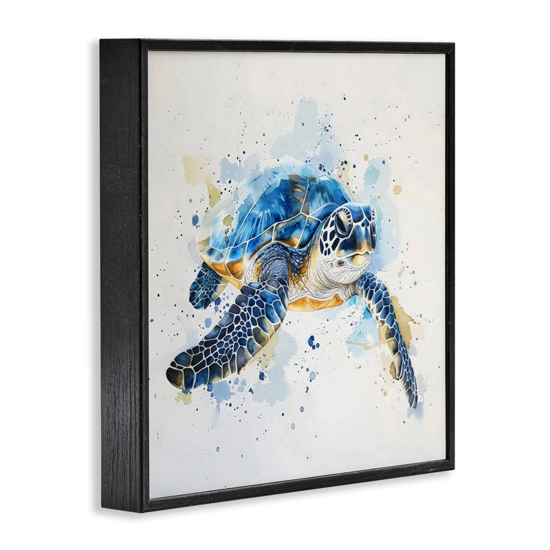 Tortue de mer bleue avec art giclée par éclaboussures, design par LSR Creative Studio, Giclée encadrée noir minuit