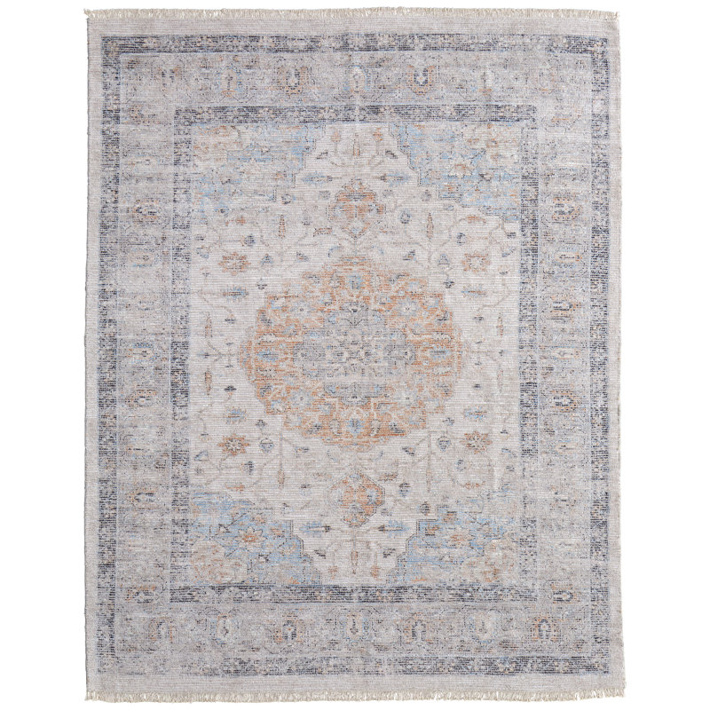 Tapis décoratif à médaillon transitionnel ivoire / bleu / orange Ramey, Rectangle 5 pi x 7 pi 6 po