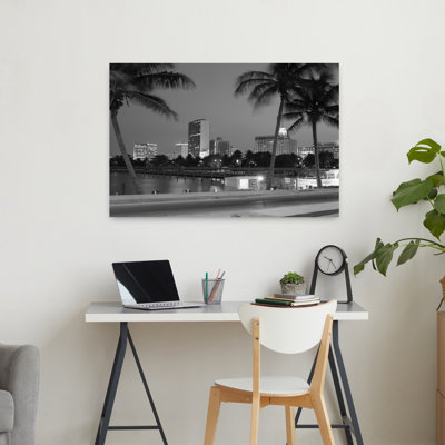 «1970S Night View Skyline with Palm Trees Miami Florida Classic Retro Vintage Palm Tree Urban Architecture, art mural