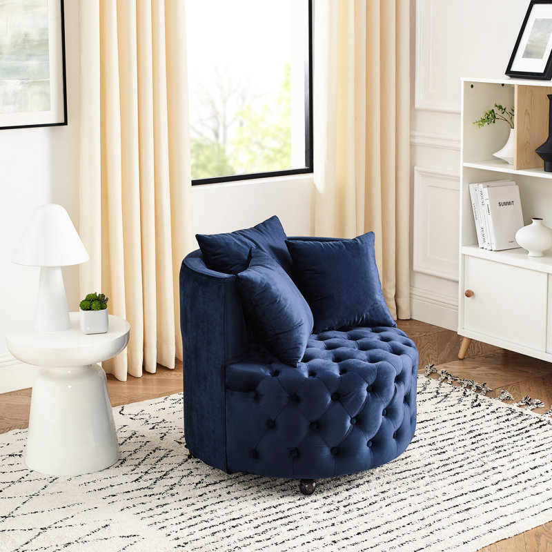 Blue Velvet Swivel Chair With Button Foot Pad And Movable Feature Chic Back Rolling Wheels