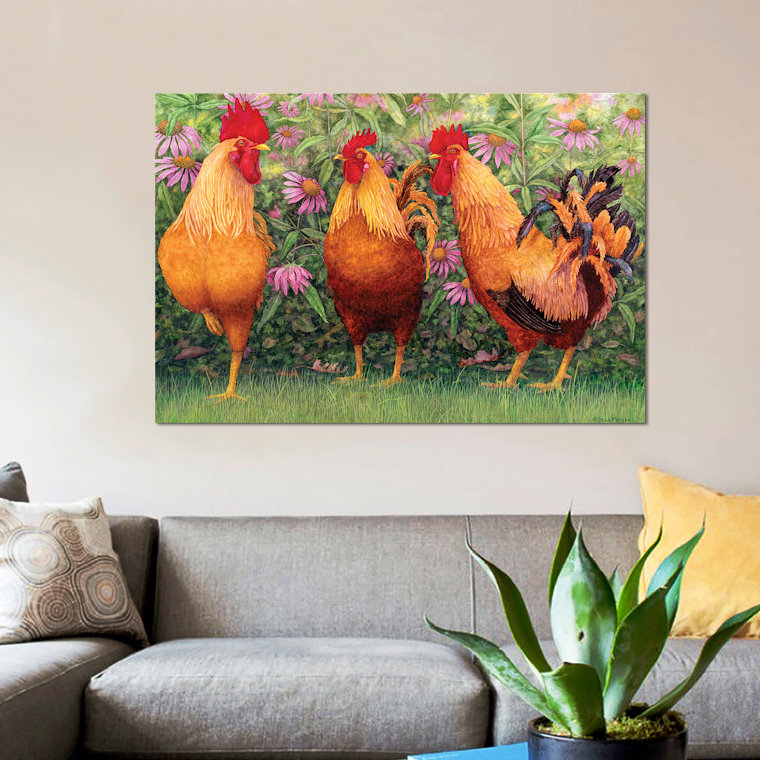 «Roosters en Place I», impression sur toile, H 12 po x l 18 po x P 1,5 po, Papier d'art encadré noir, Pas de tapis