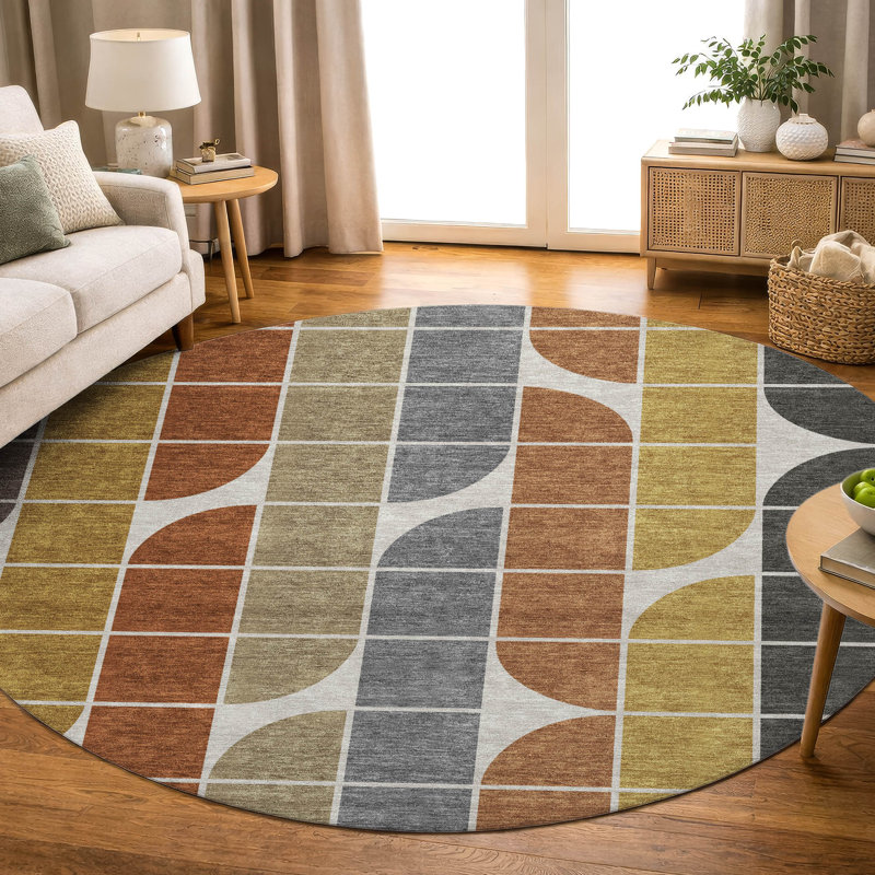 Tapis géométrique lavable à la machine de qualité supérieure Mayfield AMF2418, Café, 8' Round