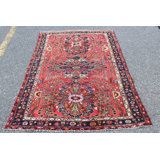 Tapis unique en laine noué à la main des années 1950 de 4 pi 1 po x 6 pi 4 po en rouge / bleu / orange