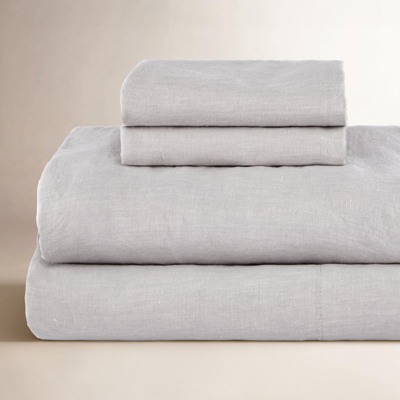 100% French Linen Sheet Set, Pebble Heather, Full Sheet Set with 2 Pillowcases