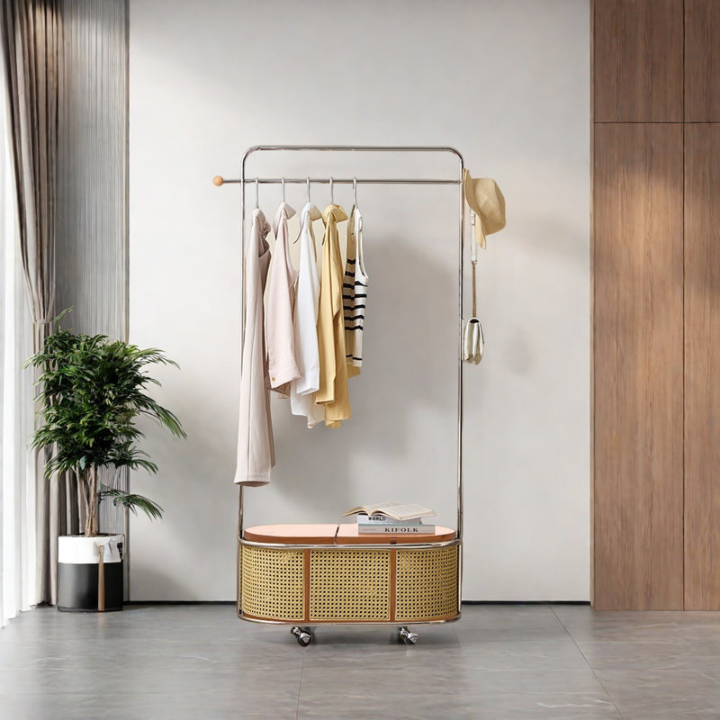 Movable Rattan Coat Rack with Rubberwood, Brown
