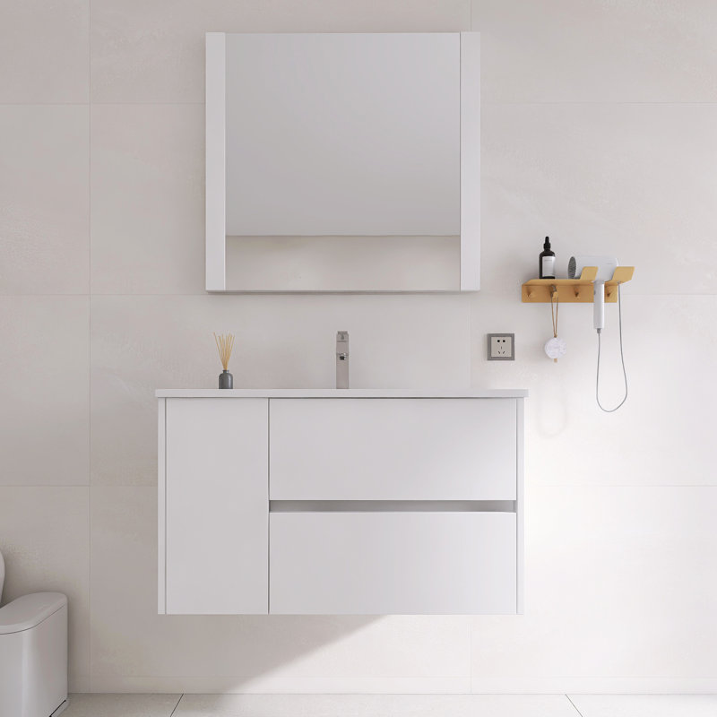 Ensemble de meuble-lavabo mural simple 36 po avec miroir | 2 tiroirs à fermeture en douceur et 1 porte à fermeture en douceur, lavabo en céramique et finition imperméable à 5 couches