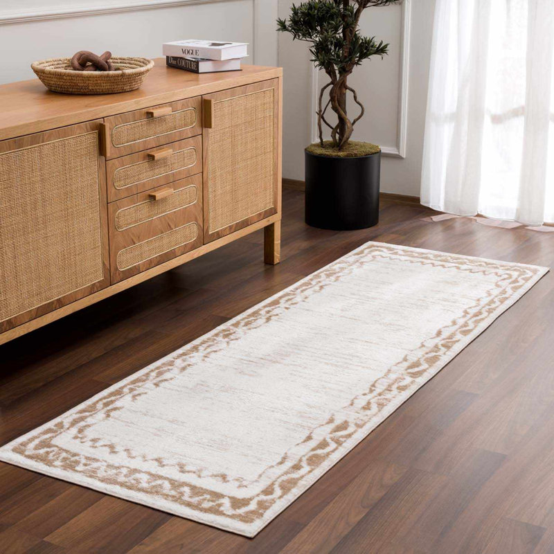 Luders Machine Washable Modern Geometric Bordered Beige Area Rug, Rectangle 6'7" x 9'