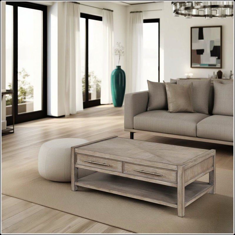 Table basse de 50 pouces sans assemblage avec rangement spacieux et finition élégante en chêne blanc, parfaite pour les salons modernes.