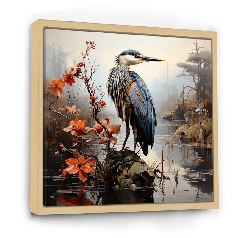 Décoration murale héron gris et bleu à l'étang I - Héron, Cadre flottant brun, H 30 po x l 30 po x P 1,5 po