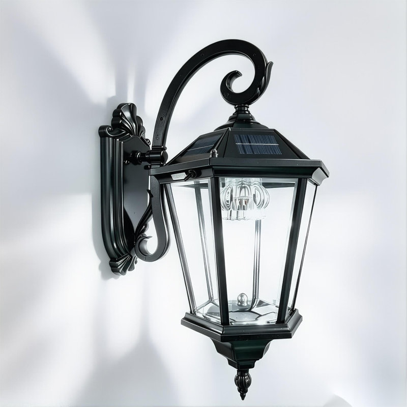 Lanterne murale solaire pour l'extérieur, verre transparent et aluminium noir Glb