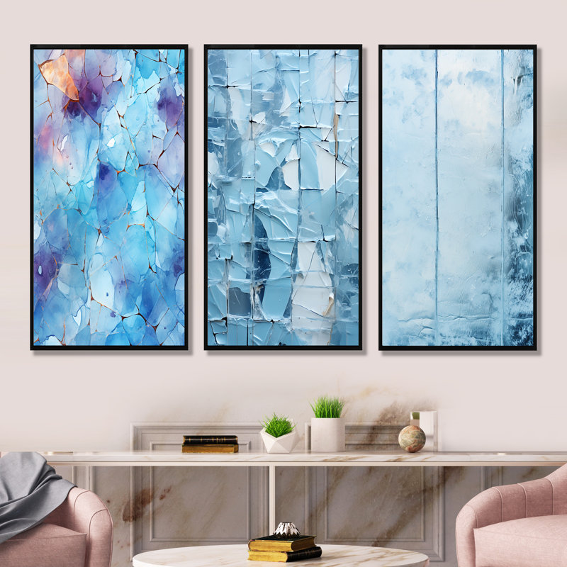 «White Blue Frosty Collage I», ensemble de 3 impressions sur toile, H 28 po x l 36 po, Cadre flottant noir