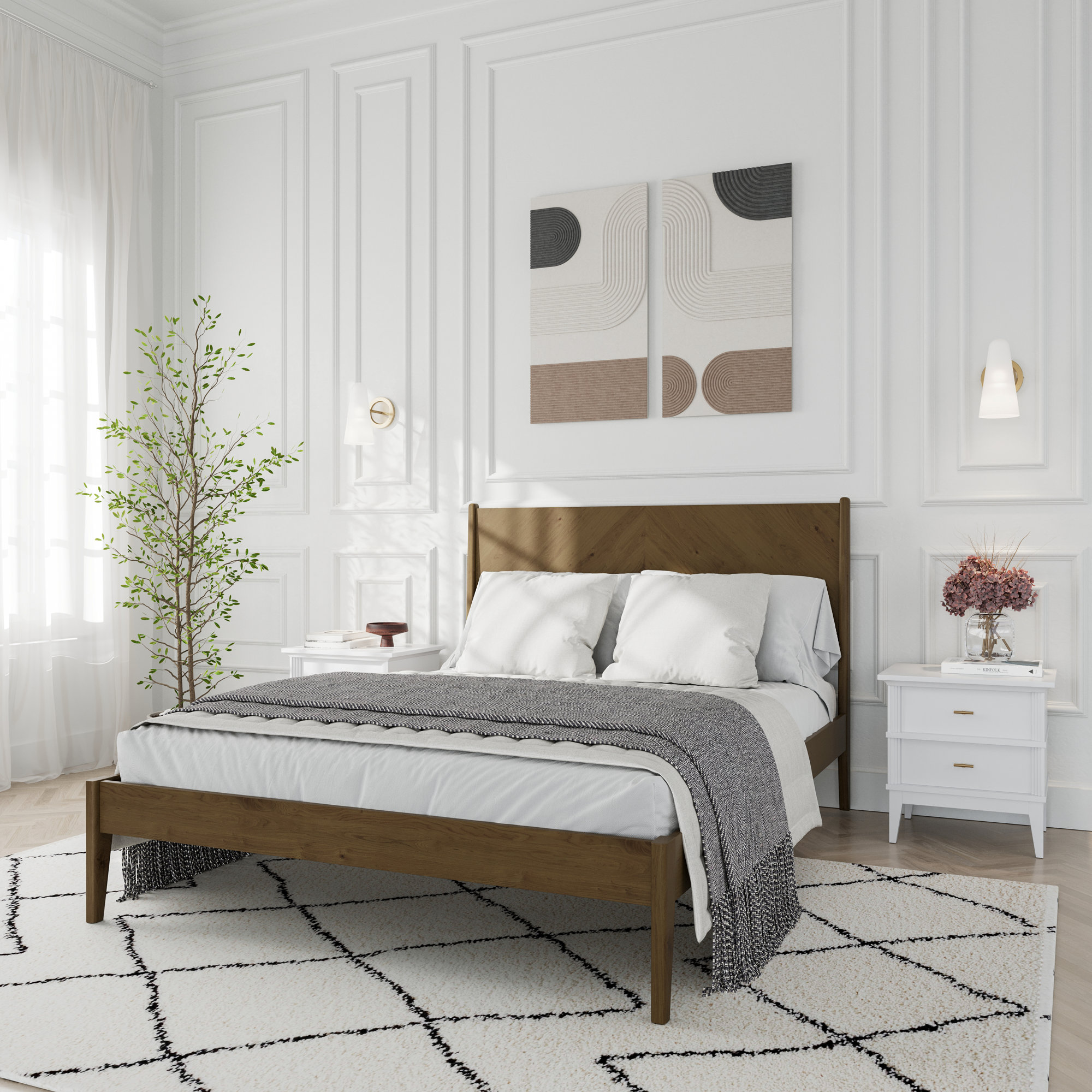 Aisen Solid Wood Panel Headboard Bed Frame - Thumbnail 2