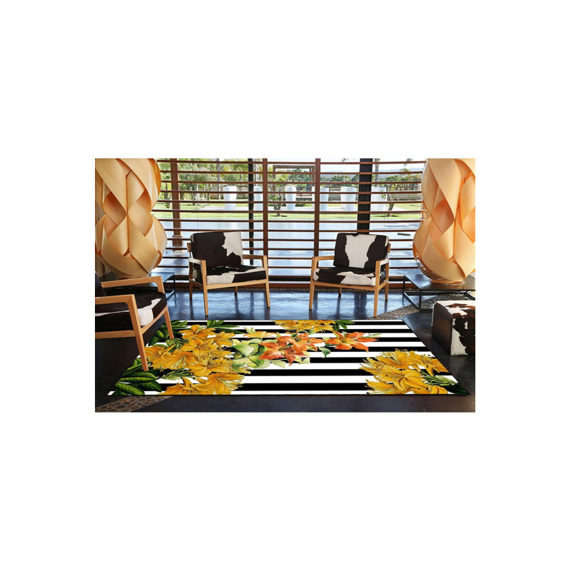 Tapis noir lavable à motif géométrique à rayures noires, Sous-tapis carré 3 pi 3 po inclus