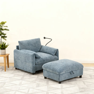 37" Single Sofa With Storage Ottoman, Adjustable Phone Holder, Dual-Port Charger, Storage Pockets, Elephant Ear Armrest, Comfy Chenille Armchair, Mode