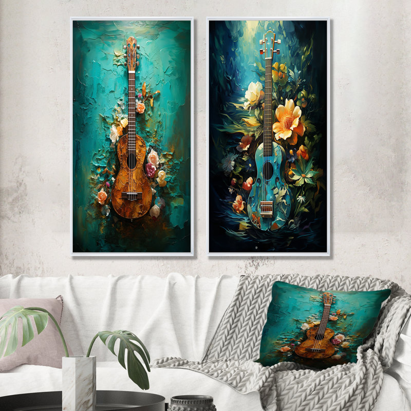 Guitare tropicale, musique euphonique - ensemble de 2 impressions sur toile, Cadre blanc, H 28 po x l 25 po