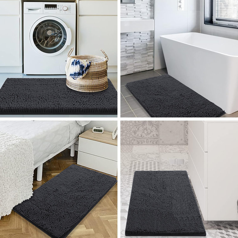 Chenille Non-Slip Non-Slip Bath Mat, Black, 60cm L x 40cm W