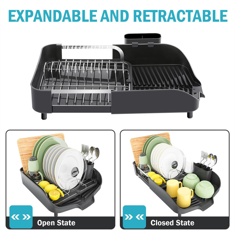 Black Extendable Stainless Steel Dish Drying Rack with Utensil Cup