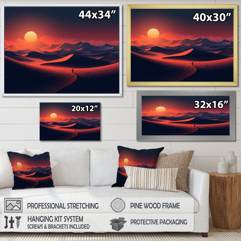 Marcher dans le désert du Sahara au coucher du soleil II - désert, art mural, Cadre d'angle fermé noir