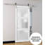 Porte coulissante de style grange avec quincaillerie Lucia 2552 Blanc Soie avec verre dépoli, rail de 2 m (6,6 pi), robuste, panneaux intérieurs en bois massif, 71 cm x 213 cm (28 po x 84 po), verre dépoli, rail argenté-53206752-49252458