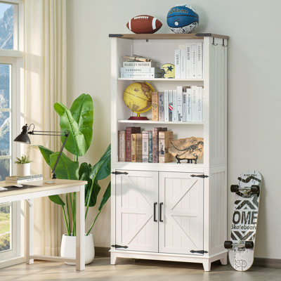 70in Tall Bookshelf 5 Tier Bookcase with Barn Doors and Adjustable Shelves,Farmhouse Book Shelf with Storage Cabinet,Wood Freestanding Display Bookshelves for Bedroom, Living Room