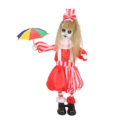 Haunted Hill Farm 3.3 ft Standing Animated Girl with Umbrella Halloween Animatronic with Swinging Arms and Red LED Eyes