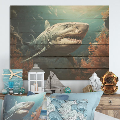Shark S Symphony In Deep Sea - Coastal Coral Under Water Wood, art mural sur bois de pin naturel